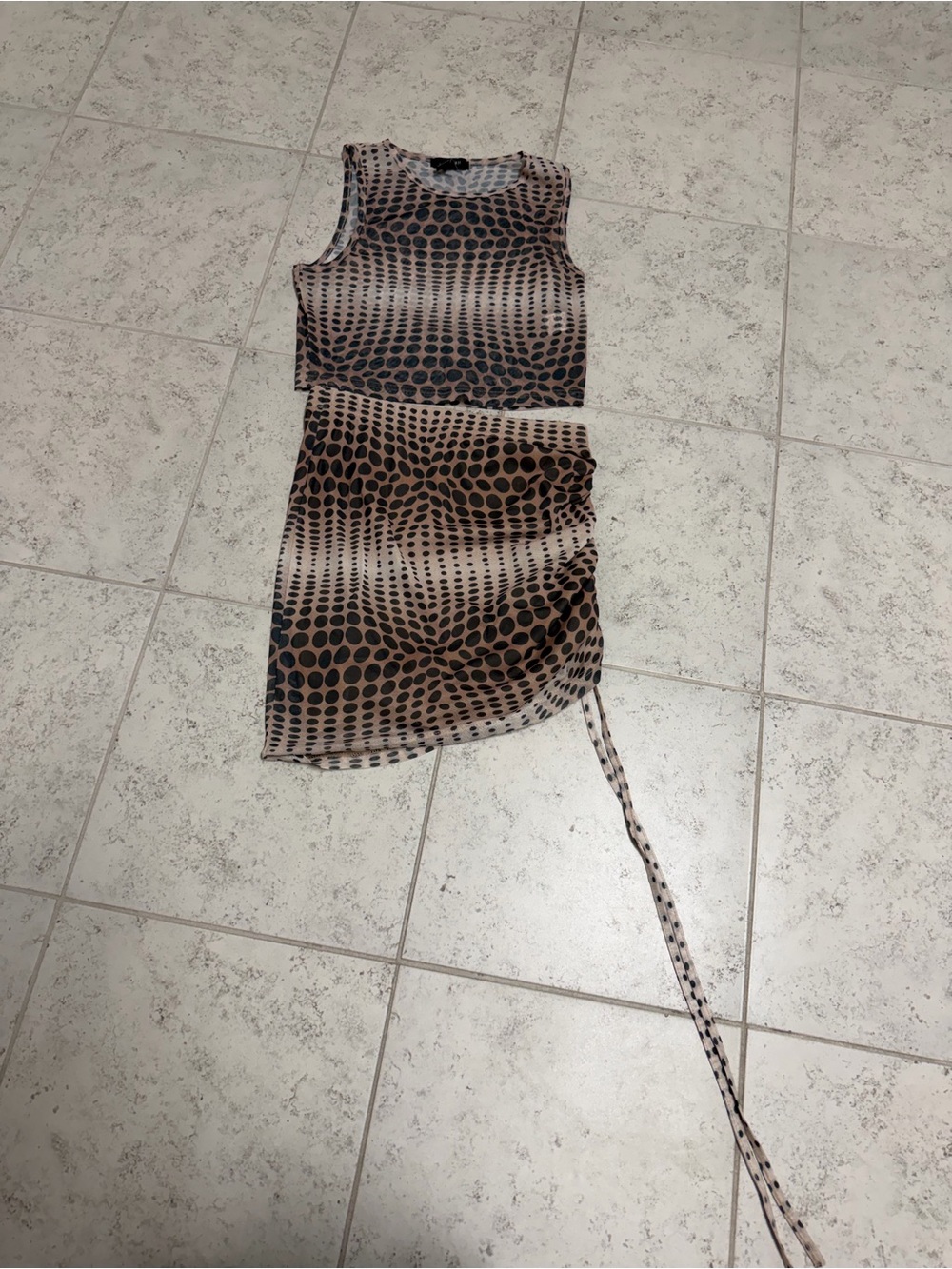 Forever 21 Two-Piece Dot Pattern Sheer Tank Top & Wrap Skirt set Brown/Black